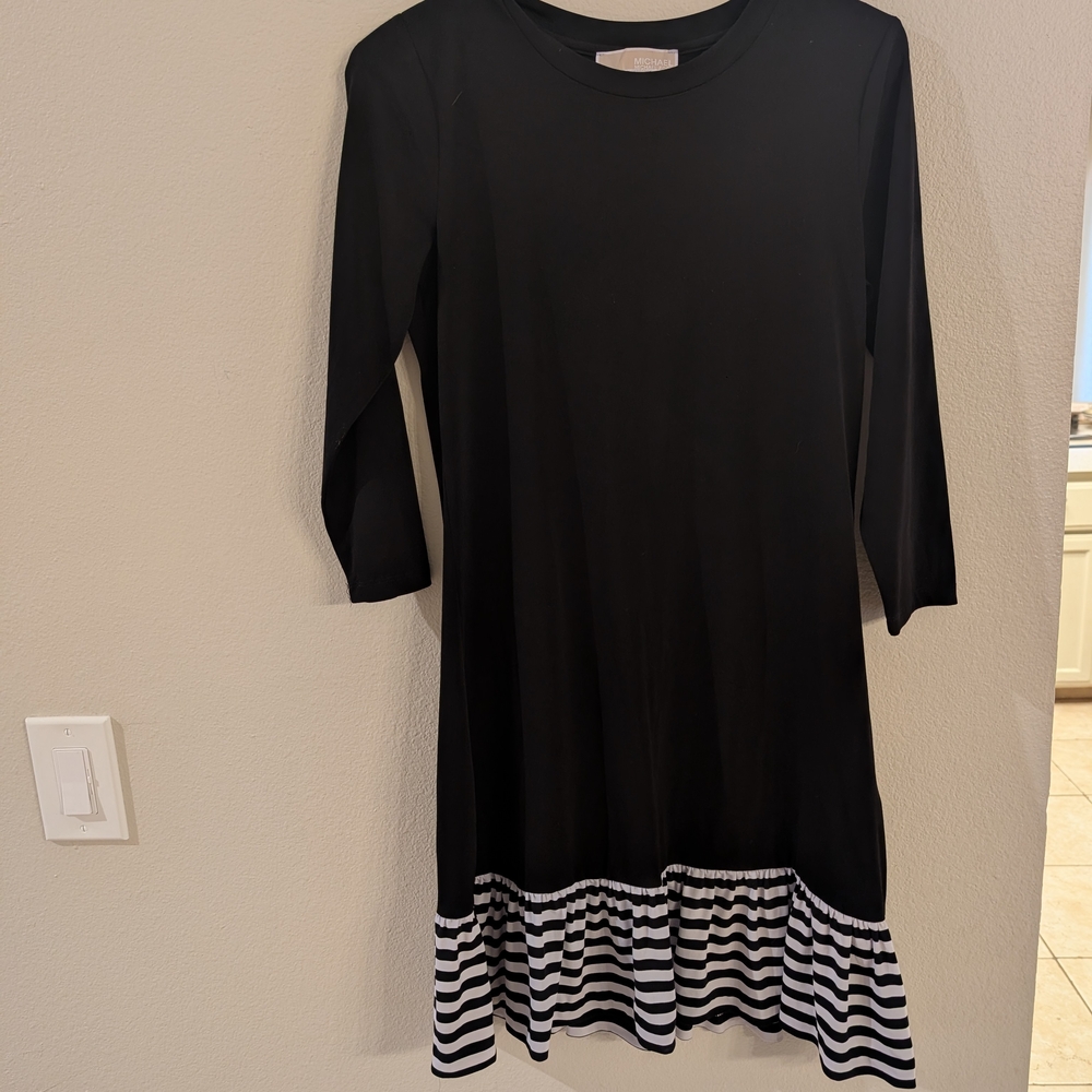 Michael Kors Black and White Striped Hem Midi Dress